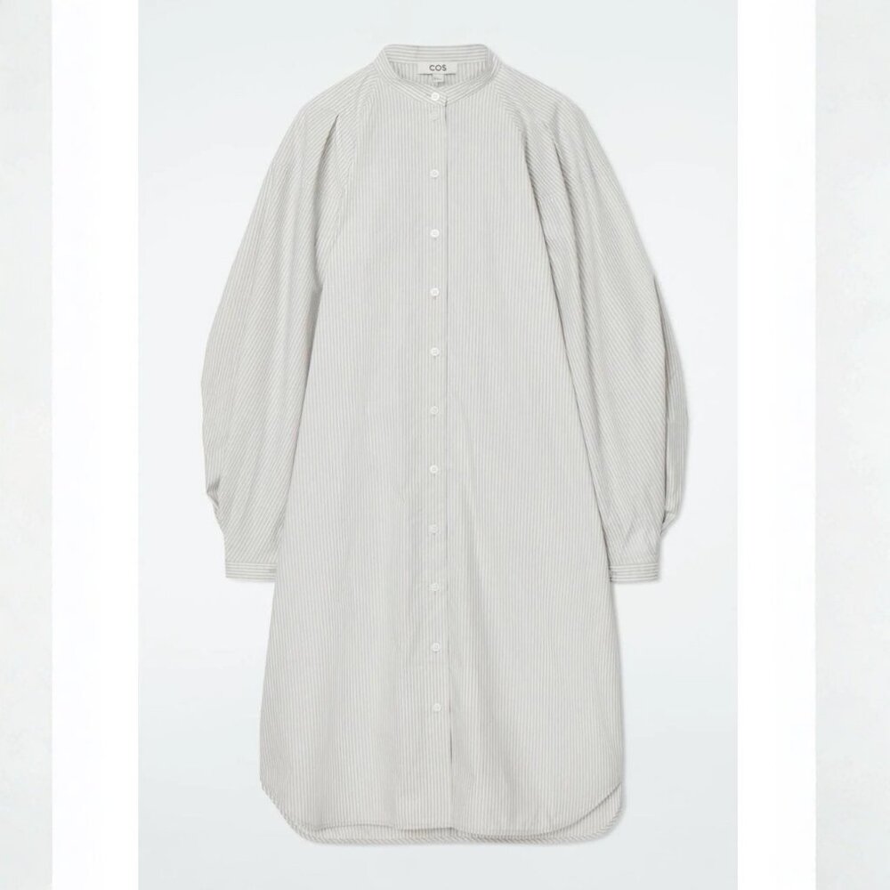 COS Grandad Collar Midi Shirt Dress NWT White Gray Stripe Size 2 (or 4)